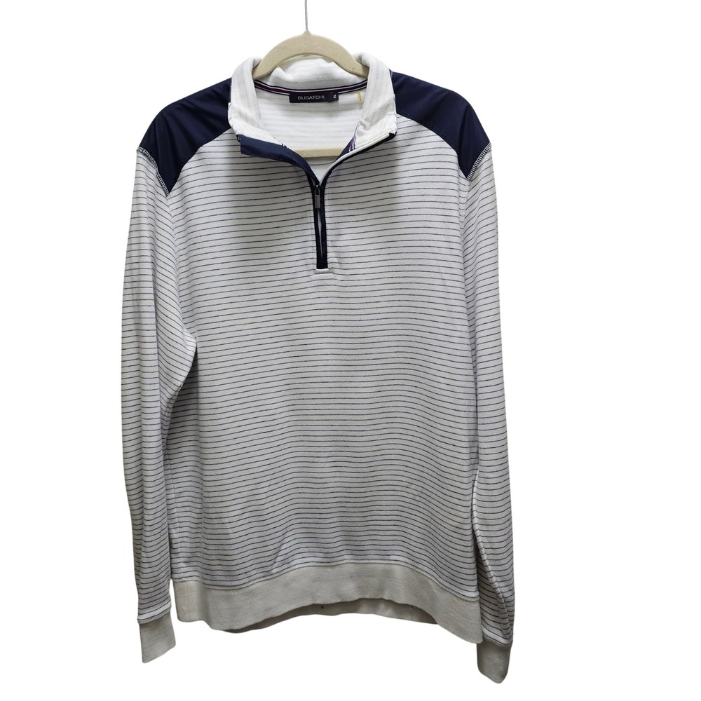 Bugatchi XL Quarter Zip Pullover Striped Navy Blue White Long Sleeve Preppy Golf